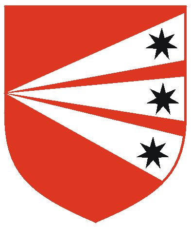 [Gules, three piles issuant from sinister throughout in point argent, each charged to sinister with a mullet of seven points sable]