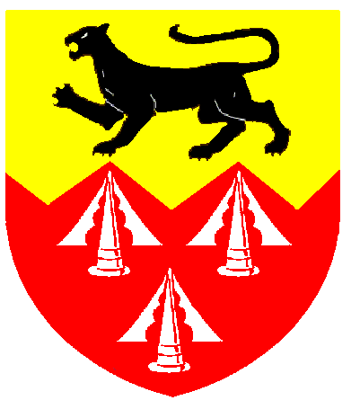 [Per fess indented Or and gules, a catamount passant sable and three pheons inverted argent]