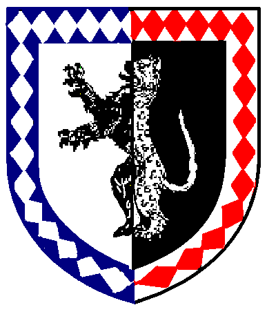 [Per pale argent and sable, a leopard salient counterchanged, on a bordure per pale azure and argent an orle of lozenges conjoined counterchanged argent and gules.]
