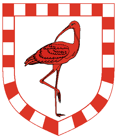 [Argent, an ibis close to sinister reguardant, dexter leg upraised, gules within a bordure compony gules and argent	  ]