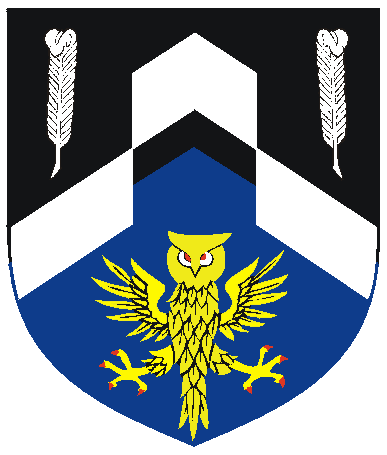[Per chevron sable and azure, a chevron rompu between two feathers argent and an owl displayed Or]