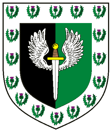 [Per pale sable and vert, a sword inverted proper winged argent within a bordure argent semy of thistles proper]