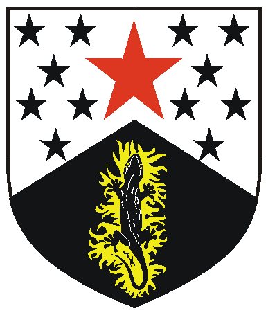 [Per chevron argent, mullety sable, and sable, in pale a mullet gules and a salamander palewise tergiant sable, enflamed Or]