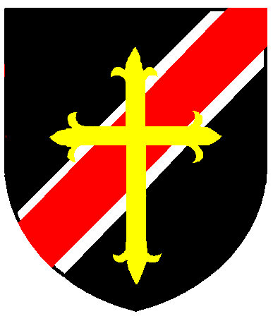 [Sable, a bend sinister gules fimbriated argent overall a Latin cross fleury Or]