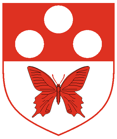 [Per fess gules and argent, three plates one and two and a butterfly gules	  	  ]