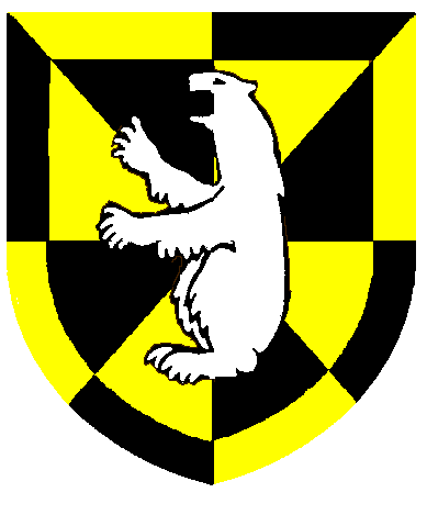 [Gyronny sable and Or, a bear sejant erect argent, a bordure counterchanged]