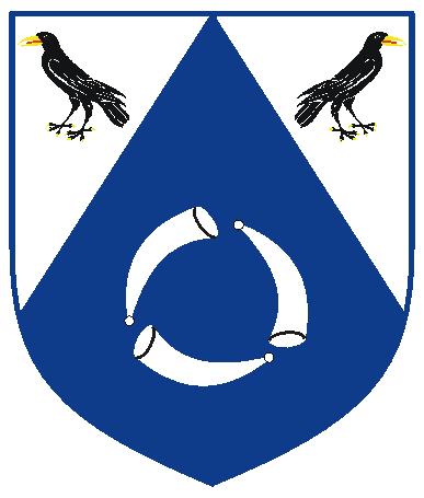 [Per chevron throughout argent and azure two ravens addorsed sable and three drinking horns in annulo argent]