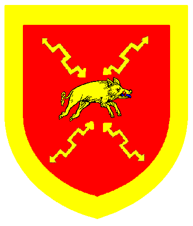 [Gules, a boar courant to sinister between four lightning bolts in saltire, all within a bordure Or]