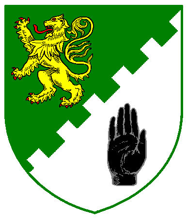 [Per bend sinister embattled vert and argent, a lion Or and a hand sable]