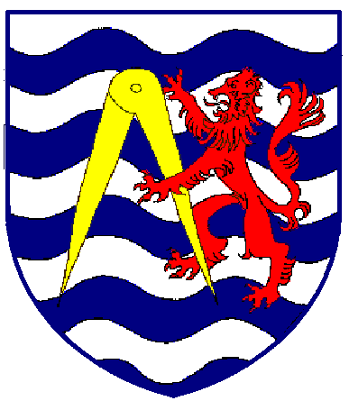 [Barry wavy argent and azure, a pair of compasses Or supported by a lion rampant gules]