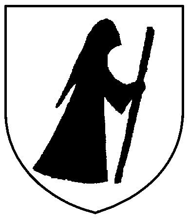 [Argent, a palmer, robed, hooded and bearing a staff, passant to sinister sable]