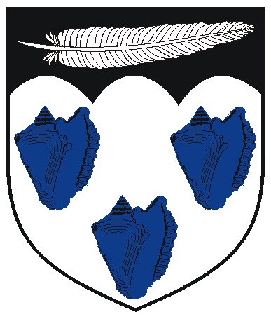 [Argent, three conch shells palewise azure, on a chief engrailed sable, a feather fesswise argent]