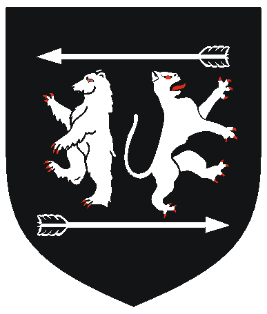 [Sable, a bear and a catamount rampant addorsed between in pale an arrow fesswise reversed and an arrow fesswise argent]