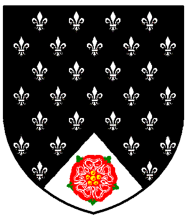 [Sable, semy-de-lys, on a point pointed argent a rose proper]