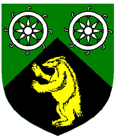 [Per chevron vert and sable, two Catherine wheels argent and a badger salient Or	  	  	  ]