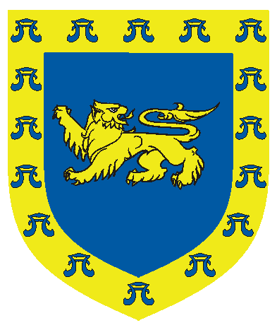 [Azure, a lion passant reguardant Or within a bordure Or semy of water bougets azure	  	  ]