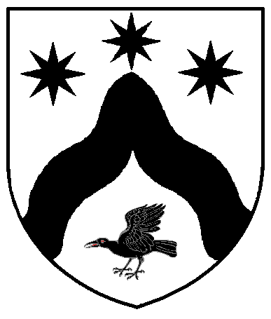 [Argent, a chevron wavy between three mullets of eight points and a raven volant wings addorsed sable]
