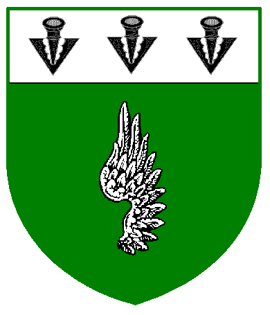 [Vert, a sinister wing palewise, on a chief argent three pheons sable]