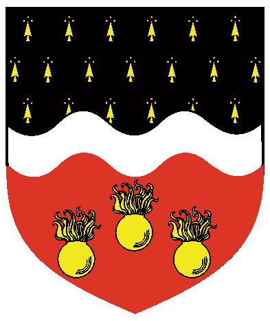 [Per fess pean and gules, a fess wavy argent and in base three grenades Or. ]