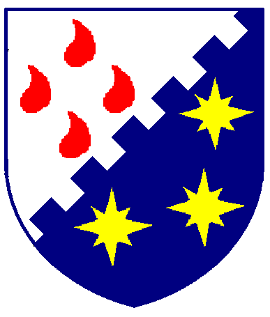 [Per bend sinister embattled argent and azure, four gouttes-de-sang in cross and three compass stars Or]