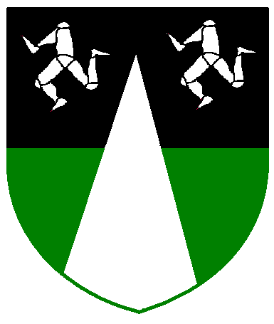 [Per fess sable and vert, a pile inverted between in chief two triskeles argent.]